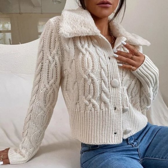 Sweaters - BEIGE TEDDY COLLAR BUTTON DOWN CABLE KNIT CARDIGAN